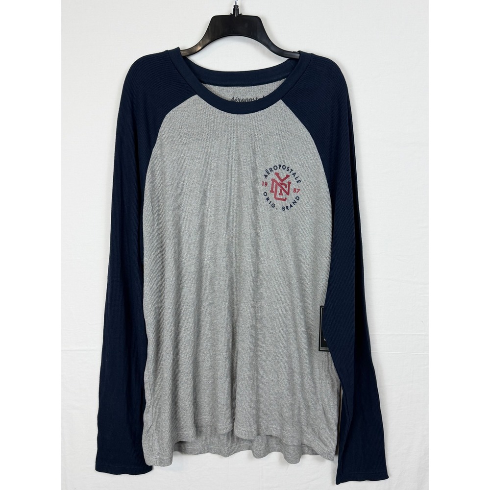 Aeropostale Mens Cotton Blend Thermal Top 3XL Gray Blue Raglan Waffle Knit